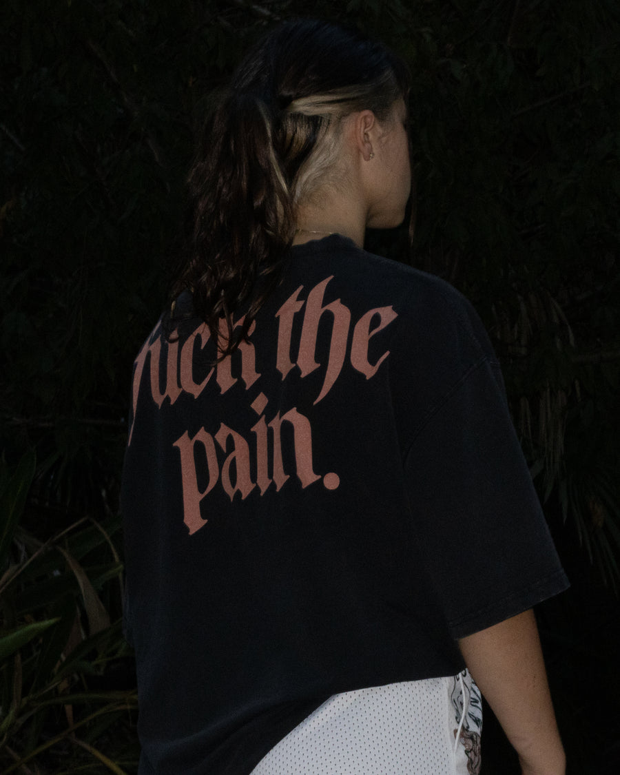 FUCK THE PAIN. 'LIMITED' RAW HEM OVERSIZED TEE IN WASHED BLACK